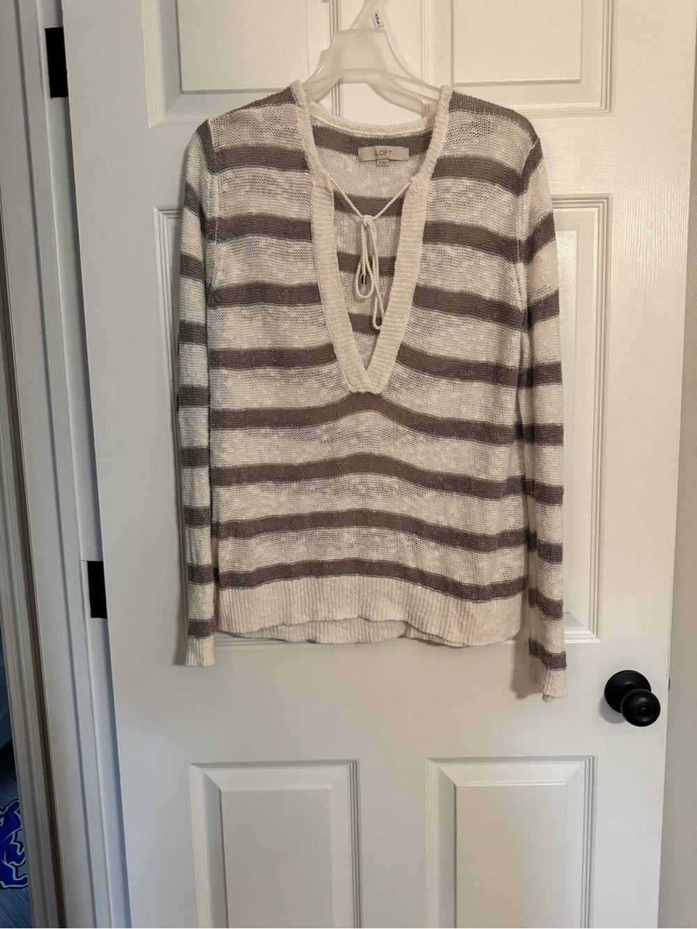 LOFT Striped Tie-Front Linen V-Neck Sweater - Cream & Taupe